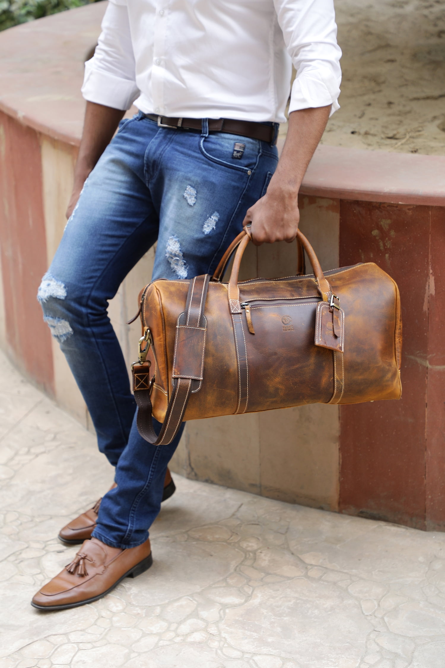 Leather Duffel Bag for Men Vintage Travel Gym Sports Overnight Weekend Duffle Bag Carry on Luggage by Rustic Town