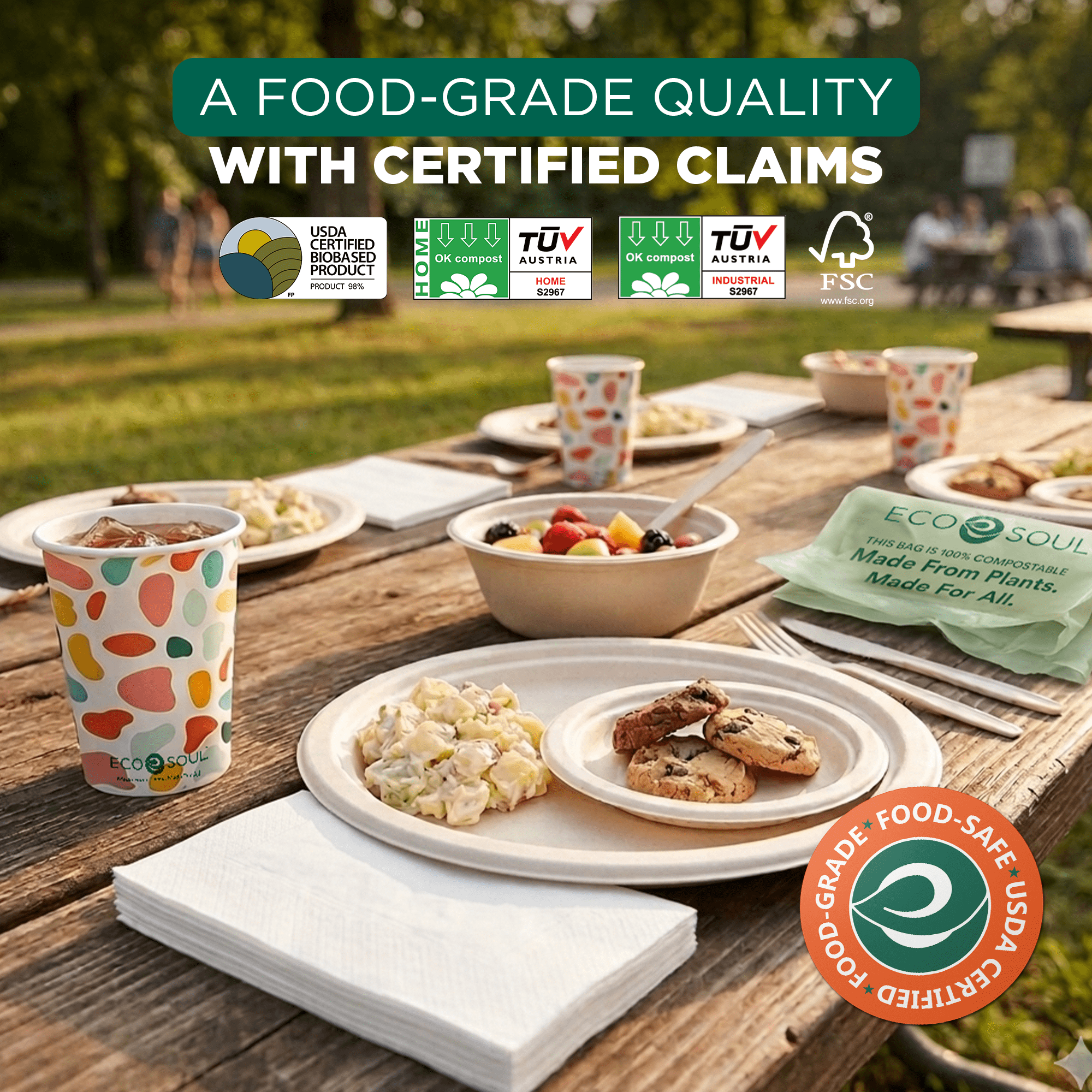 EcoSoul Compostable Dinnerware Set for 40 Guests, with Sugarcane Bagasse Plates, Bowls, Cups, Cutlery, Napkins and Compost Waste Bags - 335 Count