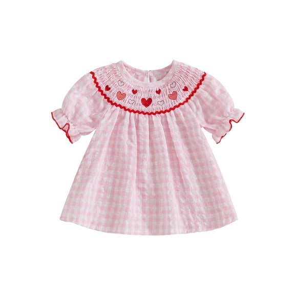 Toddler Baby Girl Valentines Day Outfit Ruffle Smocked Heart Embroidery Dress Plaid Playwear 6 12 18 Months 2T 3T 4T Summer Clothes