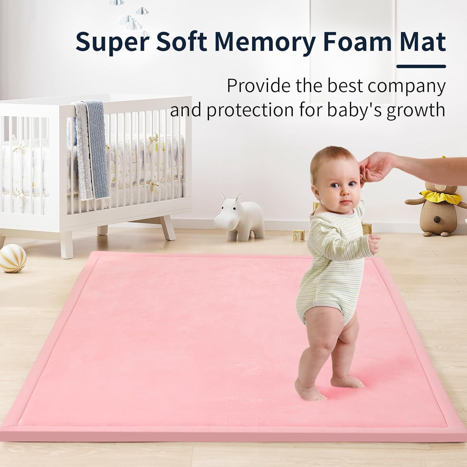 Baby Play Mat for Floor 1.3" Thick Memory Foam Play Mat 39"×59" Tummy Time Crawling with Non-Slip Bottom for Living Room,Nursery,Soft Velvet Playpen Mats for Kids,Infants（Pink）