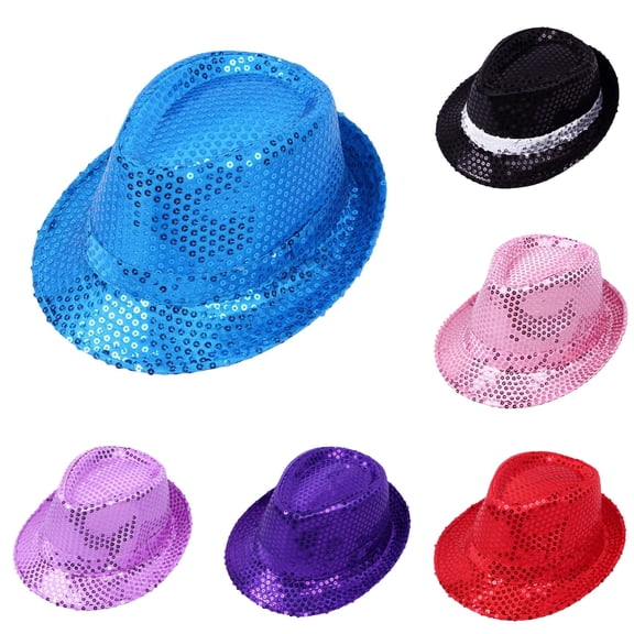 AWZXDE Kids Sequin Fedora Hat Short Brim Party Performance Hat with Sequin Band Lightweight Cap for Stage Shows Halloween Cosplay and Theme Party Events Blue - One Size