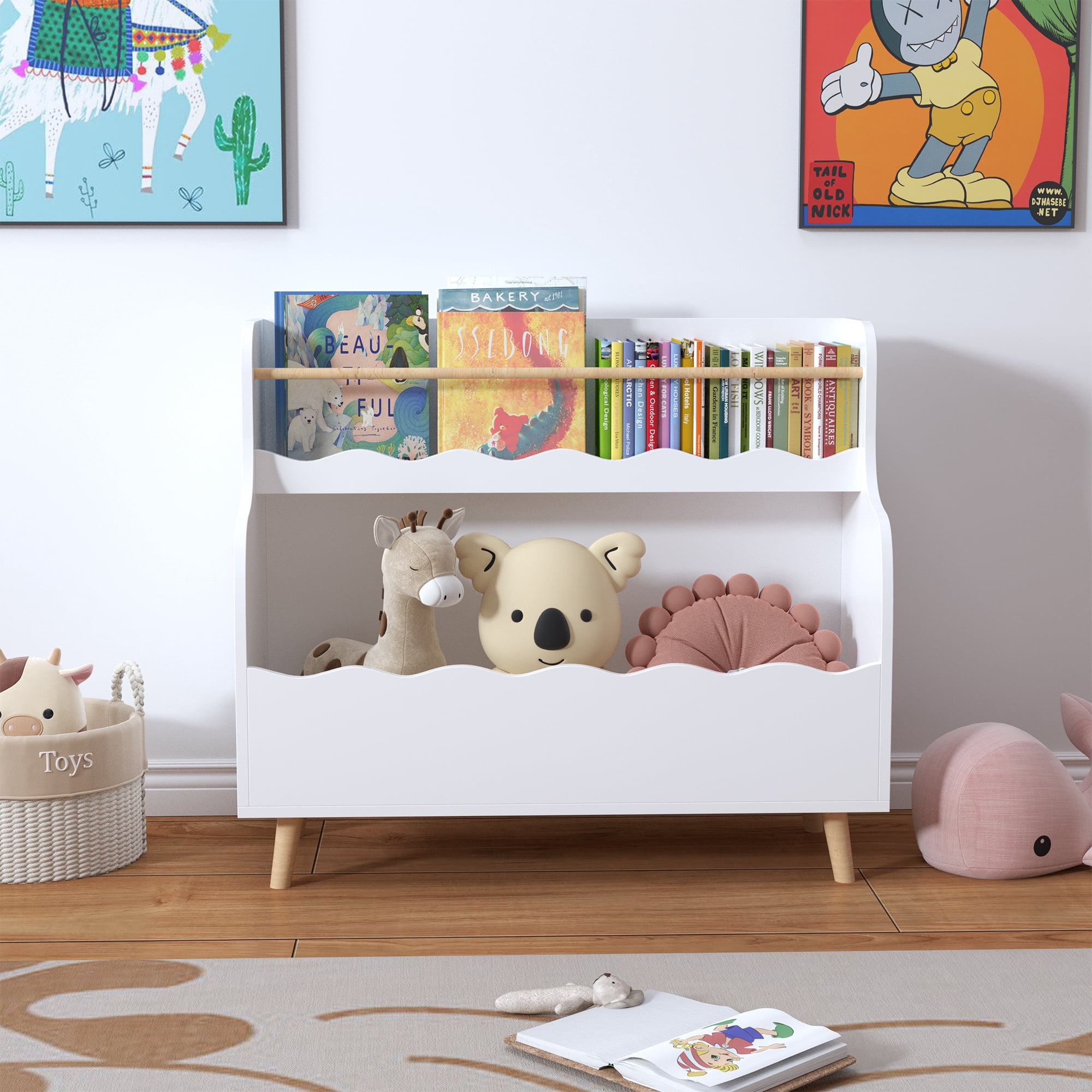 Kids Bookshelf with Wavy Compartments, 2-Tier MDF Book & Toy Organizer with Pine Legs, Anti-Tip Design for Bedroom Playroom Study Room