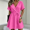 thumbnail image 2 of Women's Summer Cotton Linen Wrap V-Neck Mini Dress Short Sleeve Waist Tie Flowy A-Line Casual Swing Dress for Beach Daily Wear Hot Pink S(S), 2 of 7