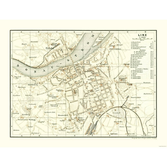 Historic Map - Linz Austria - Baedeker 1896 - 30.14 x 23 - Vintage Wall Art