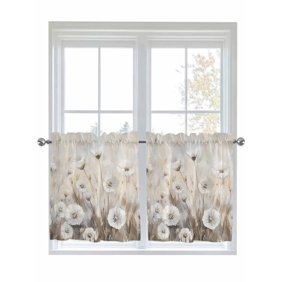 Half Window Curtain 36 Inches Long, Spring White Floral Window Treatment Curtain Drapes, Watercolor Vintage Beige Flowers Small Tier Curtains for Bathroom Over Sink, 27.5"x36", 2 Panels
