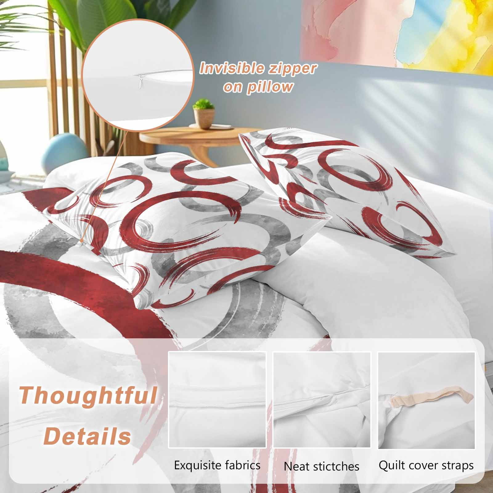 Red Grey Bedding 3 Piece Duvet Cover Set Queen Size, Geometric Circle Modern Abstract Simple Art Soft Microfiber Comforter Cover with Zipper Closure & Pillowcases, Wrinkle & FadeResistant Quilt Cover