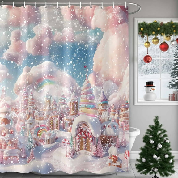 Christmas Candy Ice Cream Shower Curtains for Bathroom, Gingerbread Castle Winter Waterproof Fabric Shower Curtain for Bathroom Bathtub Decoration, Machine Washable, 54x"78"