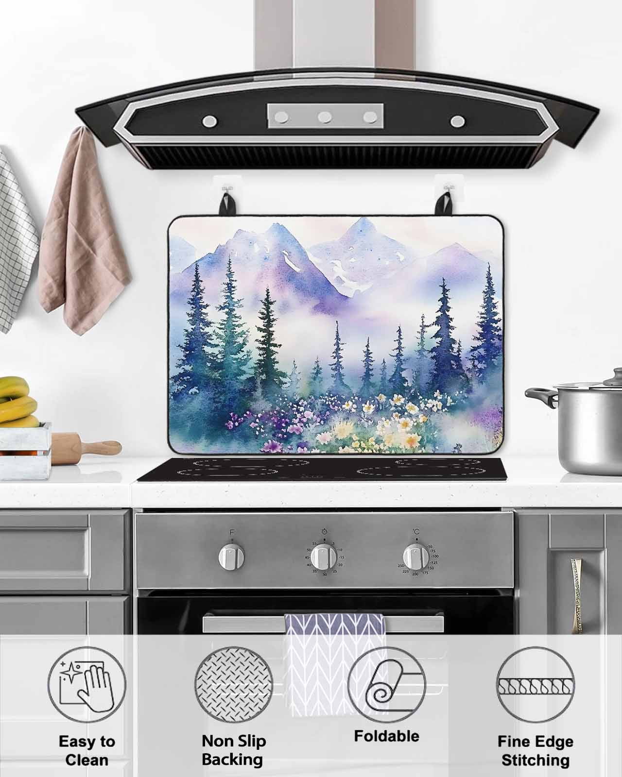nqOlkjepod Large Induction Cooktop Protector Mat 24"x21", Green Purple Mountains Stove Top Covers for Electric Stove, Watercolor Forest Wildflower Stove Burner Cover Mats, Glass Top Stove Cover