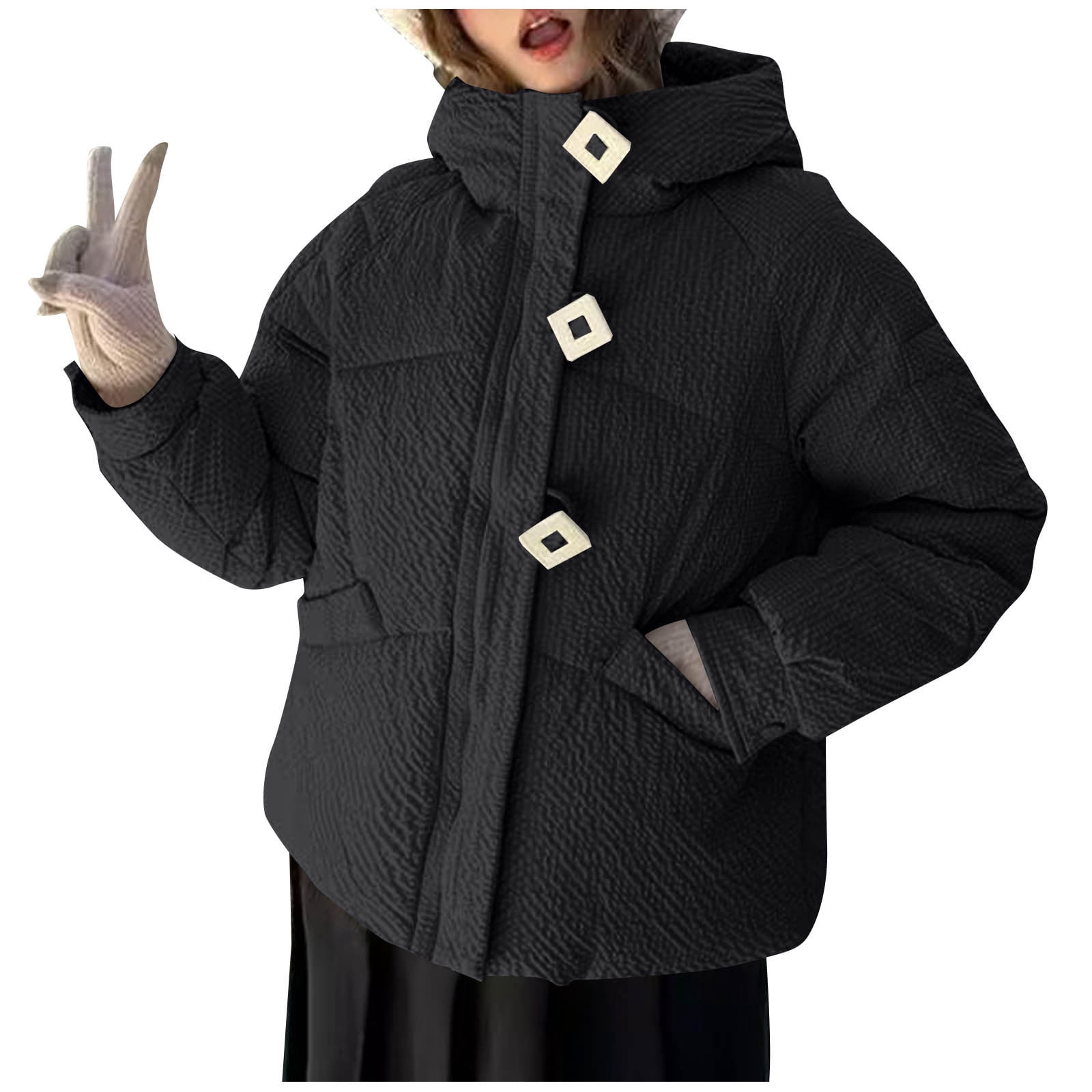 Dvprdro Women's Casual Hooded Long Sleeve Puffer Jacket Winter Buttons Zip Front Quilted Coat with Pockets