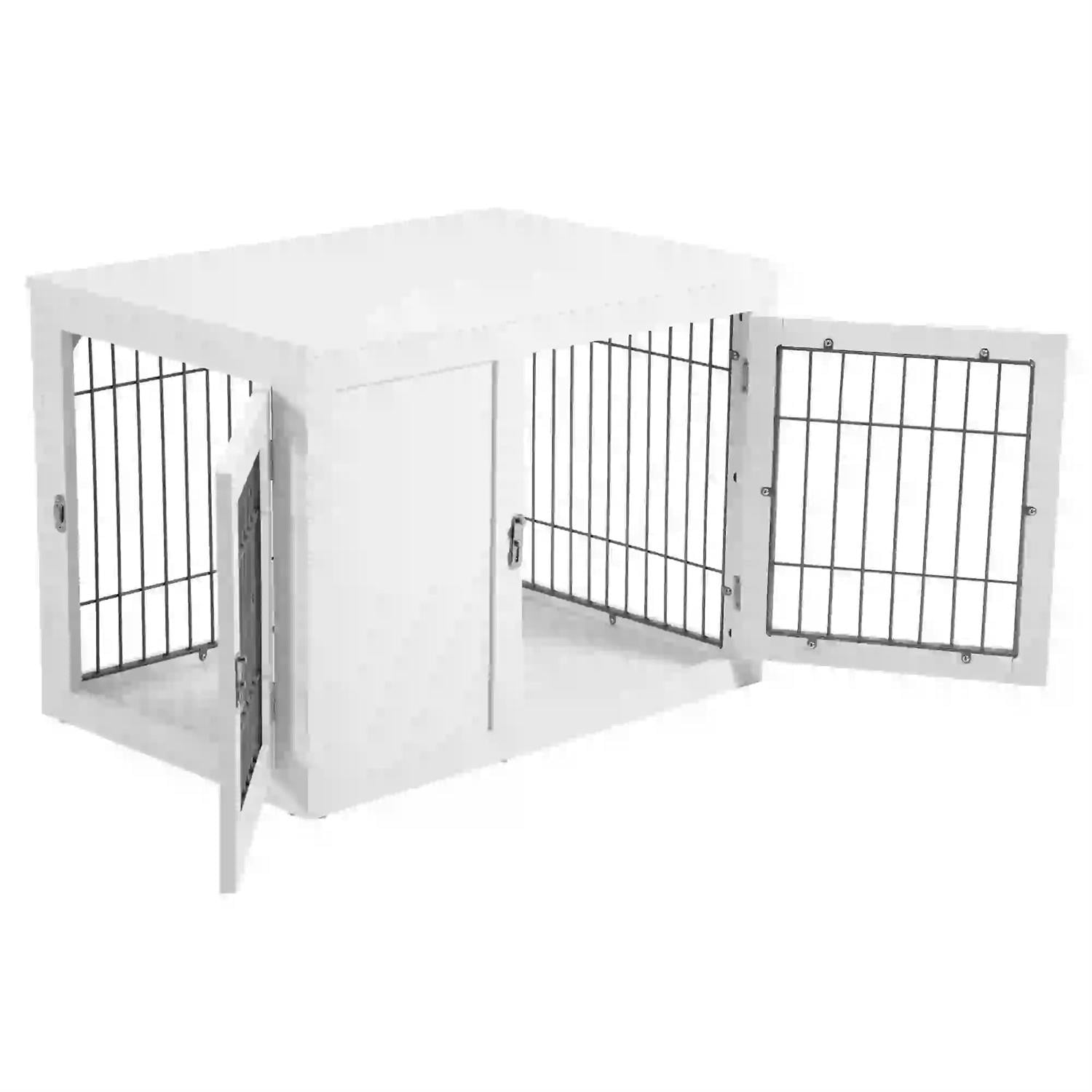 Pefilos 32" Dog Crate Furniture with Double Doors, Locks, Wooden Wire Kennel Table, Indoor Dog House for Small and Medium Dogs, White