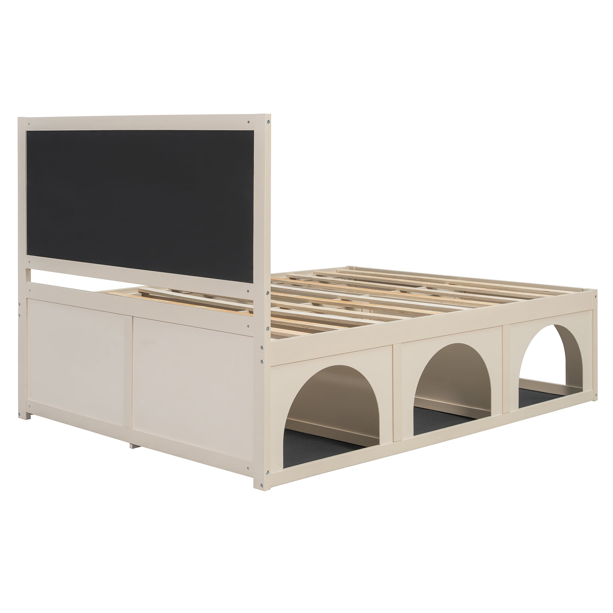 Mintazer Queen Size Upholstered Platform Bed Frame with Under‑Bed Pet Nook, Channel Tufted Headboard Bed for Bedroom, Beige