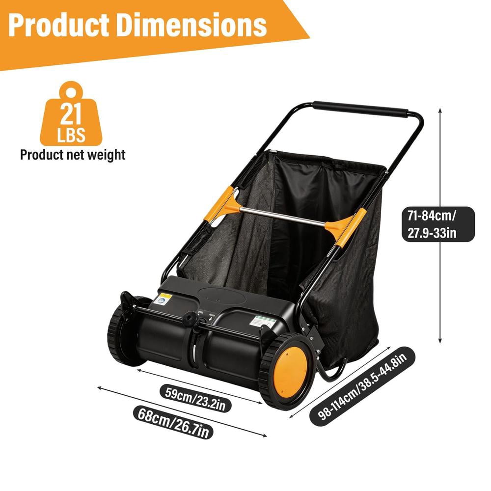 21 in Push Lawn Sweeper, Walk-Behind Leaf & Grass Collector with Large Hopper Bag and Height Adjustment for Lawn Cleanup