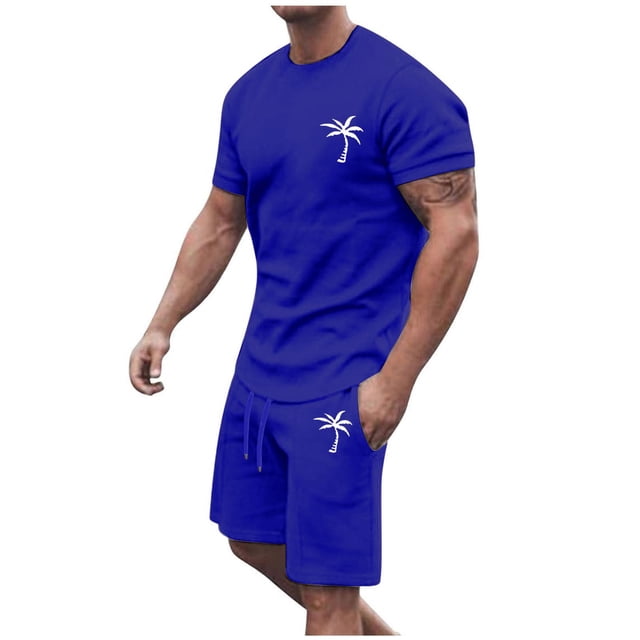 Conjunto de Sudadores de Hombres Impresión Casual Deportes de Manga Corta Cuello Redondo, Traje de Deporte de 2 Piezas con Pantalones de Corredores de Cintura Elástica