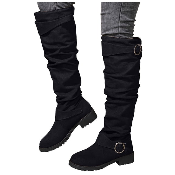 Rokment Slouchy Boots for Women Knee High Wide Calf Fashion Buckles Suede Chunky Block Low Heel Casual over The Knee Long Tall Dress Boots Ladies Black Size 6