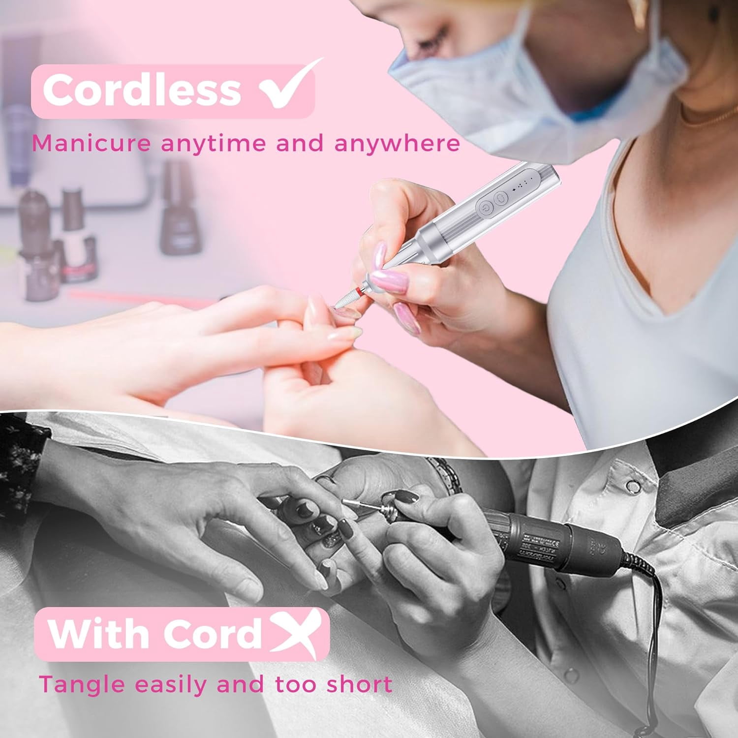 Qifang Cordless Electric Nail Drill Kit 18000RPM, 13-Piece Portable Efile with Ceramic Head & 11 Metal Bits for Acrylic Gel Nails Manicure Pedicure Polishing, Black