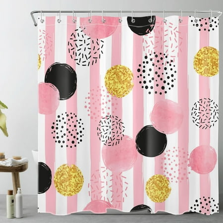 HVEST Pink and White Striped Shower Curtain Decor, Modern Black and Gold Geometric Pattern Shower Curtain for Bathroom 72X78 inch Polyester Fabric Bathroom Decoration Bath Curtains Hooks Included