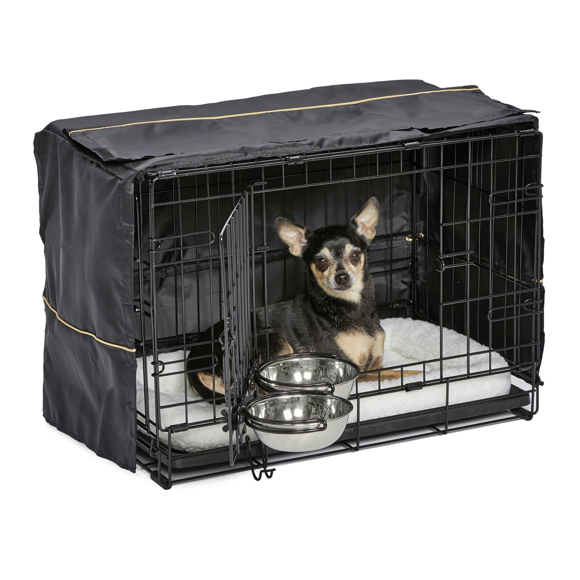 MidWest Homes for Pets XS Double Door iCrate Starter Kit, 22-inch Dog Crate Bundle for Extra-Small Dogs, Includes Cage, Pet Bed, 2 Bowls and Privacy Cover