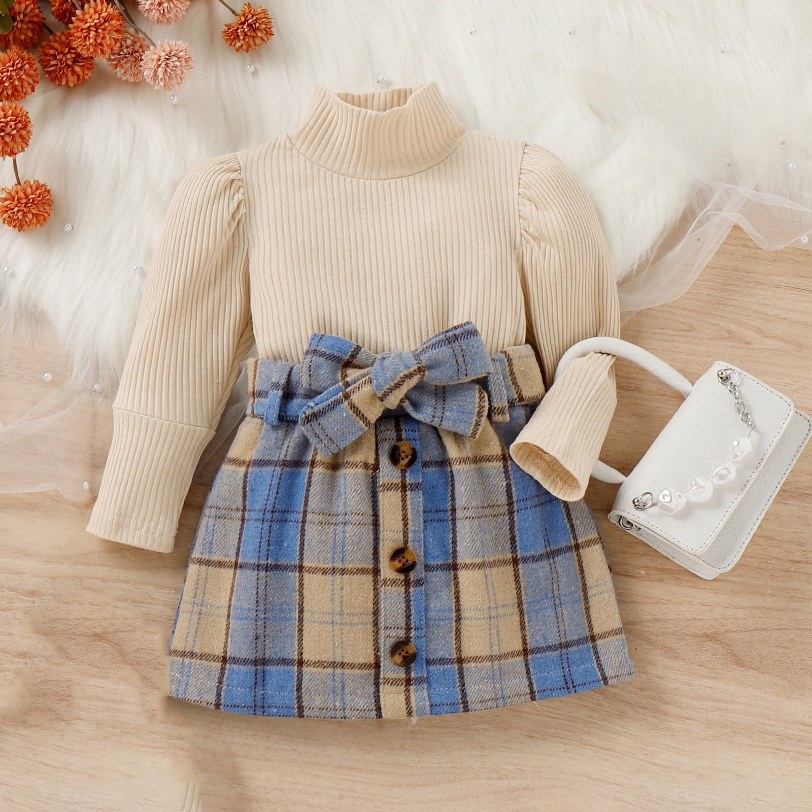 Daqian Baby Clothes for Girls Knit Bubble Sleeve Long Sleeve Top + Plaid Skirt Set Suitable for 6 Months-3 Years Old Girls Clothes Sets Blue 12-18 Months