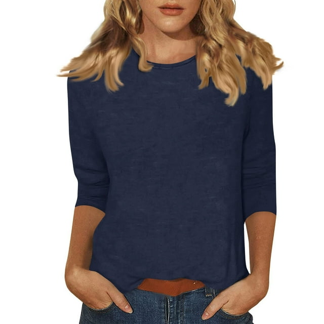 DENGDENG T-Shirts et Chemisiers d'Automne pour Femmes à Manches 3/4 d'Été, Manches au Coude, T-Shirts Basiques Amples et Décontractés à Col Ras du Cou, Chemisiers Mode 2025, Tuniques Trois Quarts, Vêtements d'Affaires de Couleur Unie, Bleu Royal m