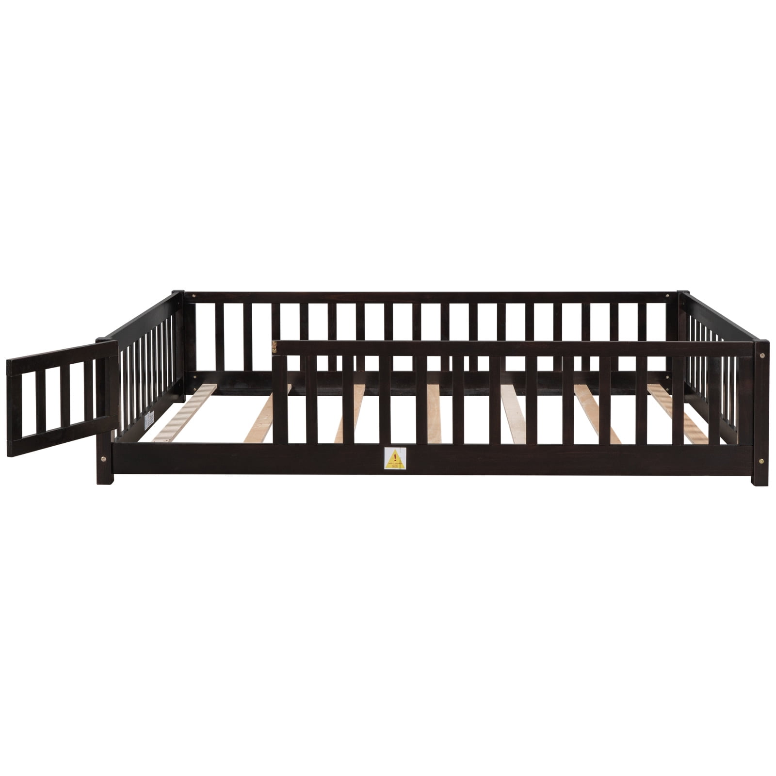 Full Size Floor Bed for Kids, Wood Platform Bed with Fence and Door, Montessori Bed Frame with Slats Support, Playhouse Bed with Door Design, for Toddler, Boys,Girls,No Box Spring Needed,Espresso