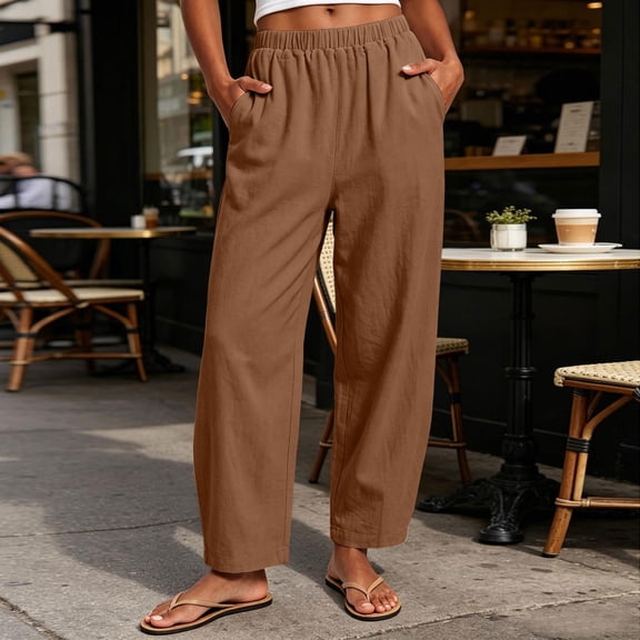 Women's Casual Barrel Pants Elastic High Waist Loose Fitting Soft Cotton Casual Trousers for Loungewear Streetwear Brown XXL