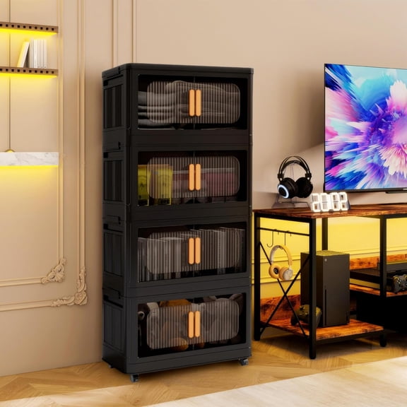 Foldable Storage Cabinet,Plastic Cabinet,Stackable Storage Bins, Open Front with Magnetic Door and Wheels(Black - 4Tiers)