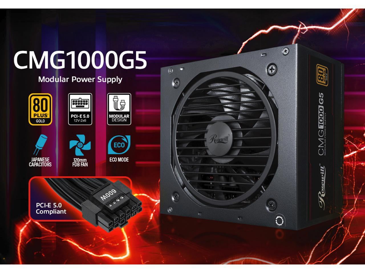 Rosewill CMG5 1000W, ATX 3.0 & 3.1 Compatible, 80+ Gold Full Modular Power Supply, PCIe 5.0 600W 12V-2x6 Connector, Japanese Capacitor, 120mm FDB Fans, 5 Year Warranty - CMG1000G5