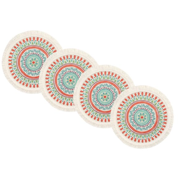 Fennco Styles Mandala Boho Woven Fringe Cotton Placemats 13" Round, Set of 4 - Multicolored Printed Heat Resistant Insulation Table Mats for Home, Kitchen Décor, Dining Table, Banquets, Holidays