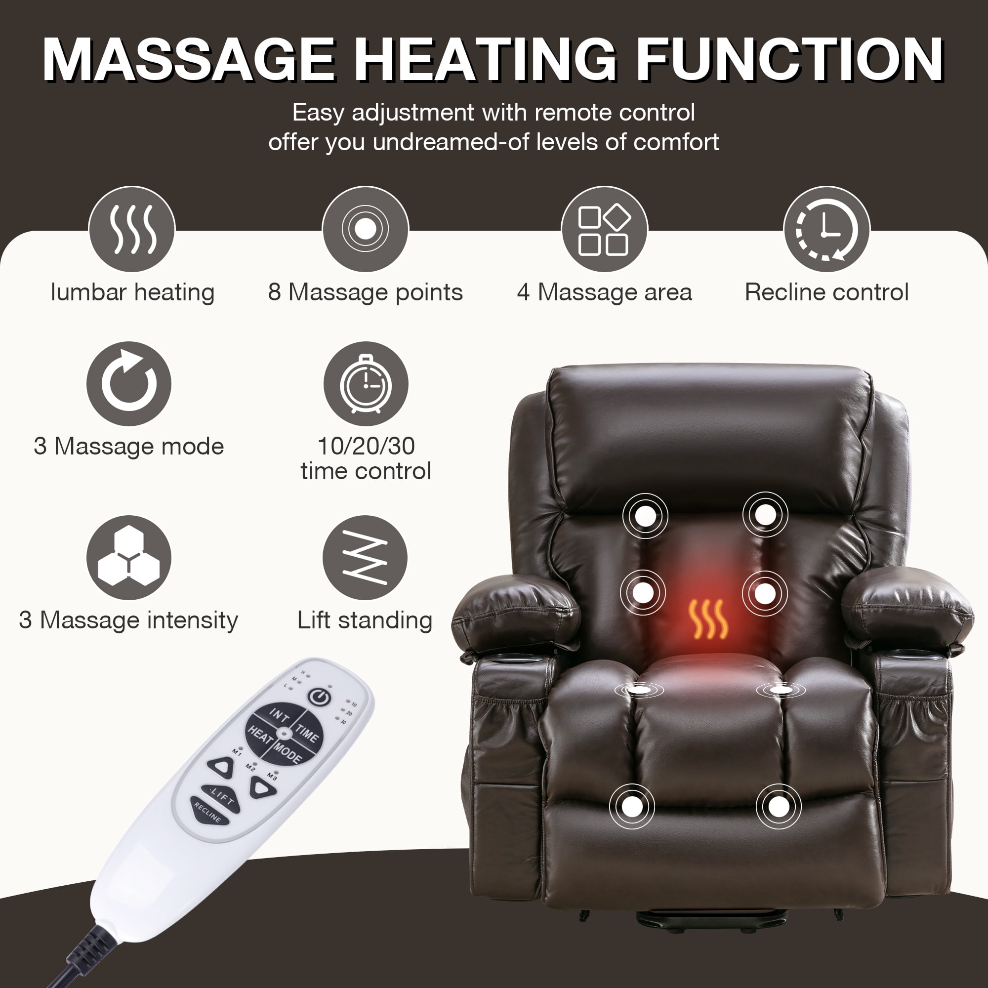 LEGAHOME Electric Power Lift Chair, Faux Leather Lift Recliner with Heat Therapy and Massage Function, Heavy Duty Reclining Sofa with Cup Holders and Side Pocket, Lift Chairs for Elderly, Brwon