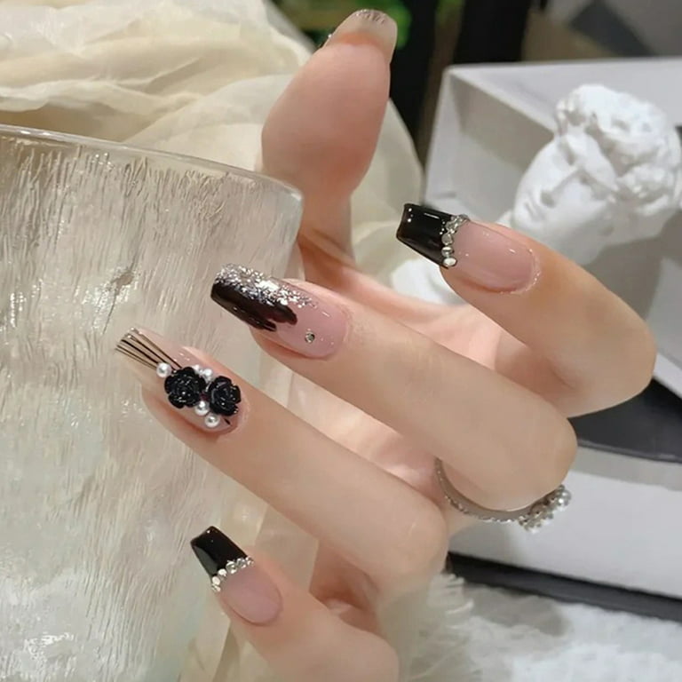 LMSOED 24pcs Black Camellia Pearl Rhinestone False Nails Durable False Artificial Nails for Hand Decoration Nail Art, Size: Jelly Glue Model