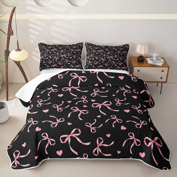 Manfei Pink Bows Love Hearts Black Print Twin Quilt Set for Girls, Cute Ribbon Bows Twin Coverlet Set