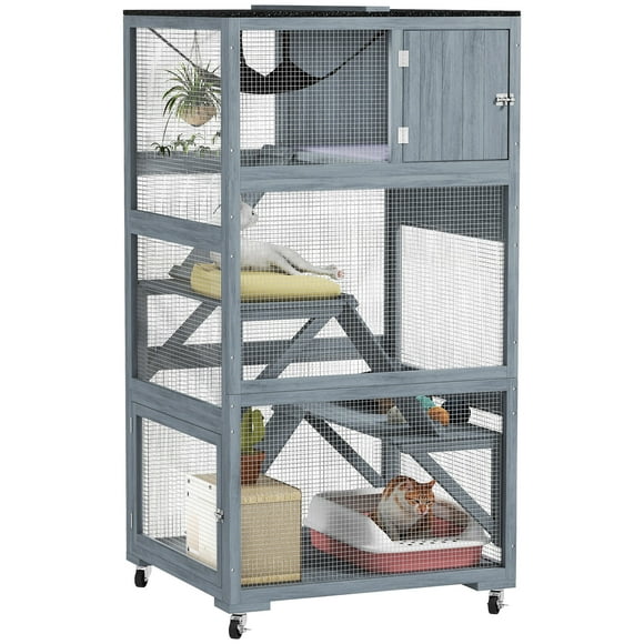 PawHut Catio 66"H Outdoor Cat House on Wheels with Hammock Platforms