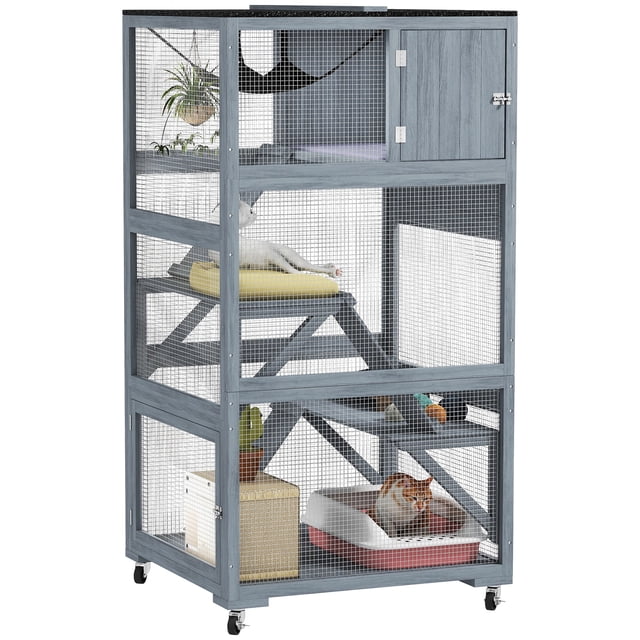 PawHut Catio Maison pour Chat d'Extérieur de 66 Po de Hauteur sur Roulettes avec Plateformes Hamac