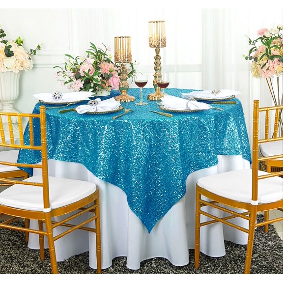 Wedding Linens Inc. 72" x72" Square Sequin Table Overlay Toppers Tablecloth - Turquoise