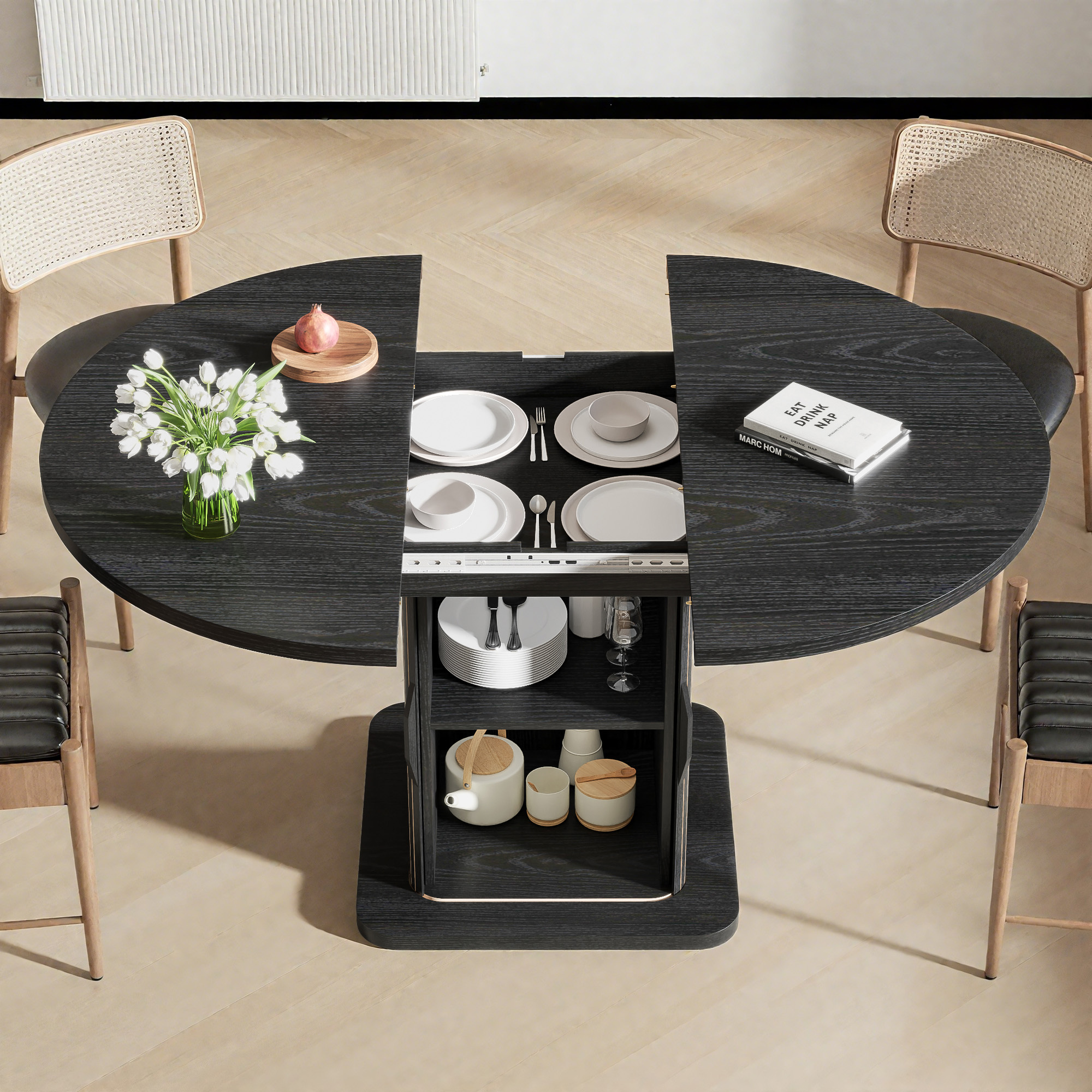 59 Inch Extendable Round Dining Table for 4-6, Kitchen Dining Table with Storage Shelf for Home Living Room, Black
