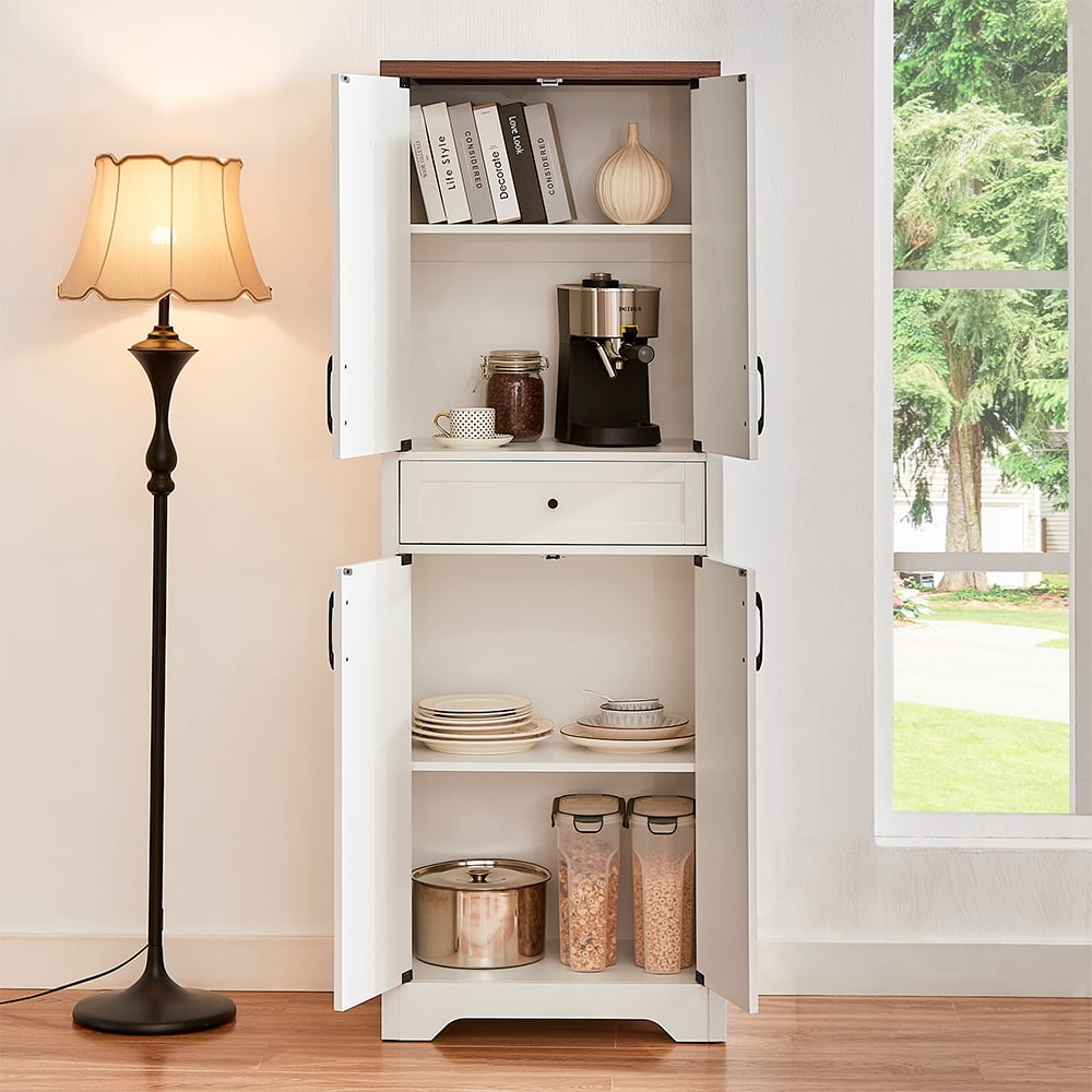 TrumanPick 68"H Tall Kitchen Pantry with 4 Doors, 1 Drawer Modern Freestanding Storage Cabinet for Dining Room Living Room, White/Walnut