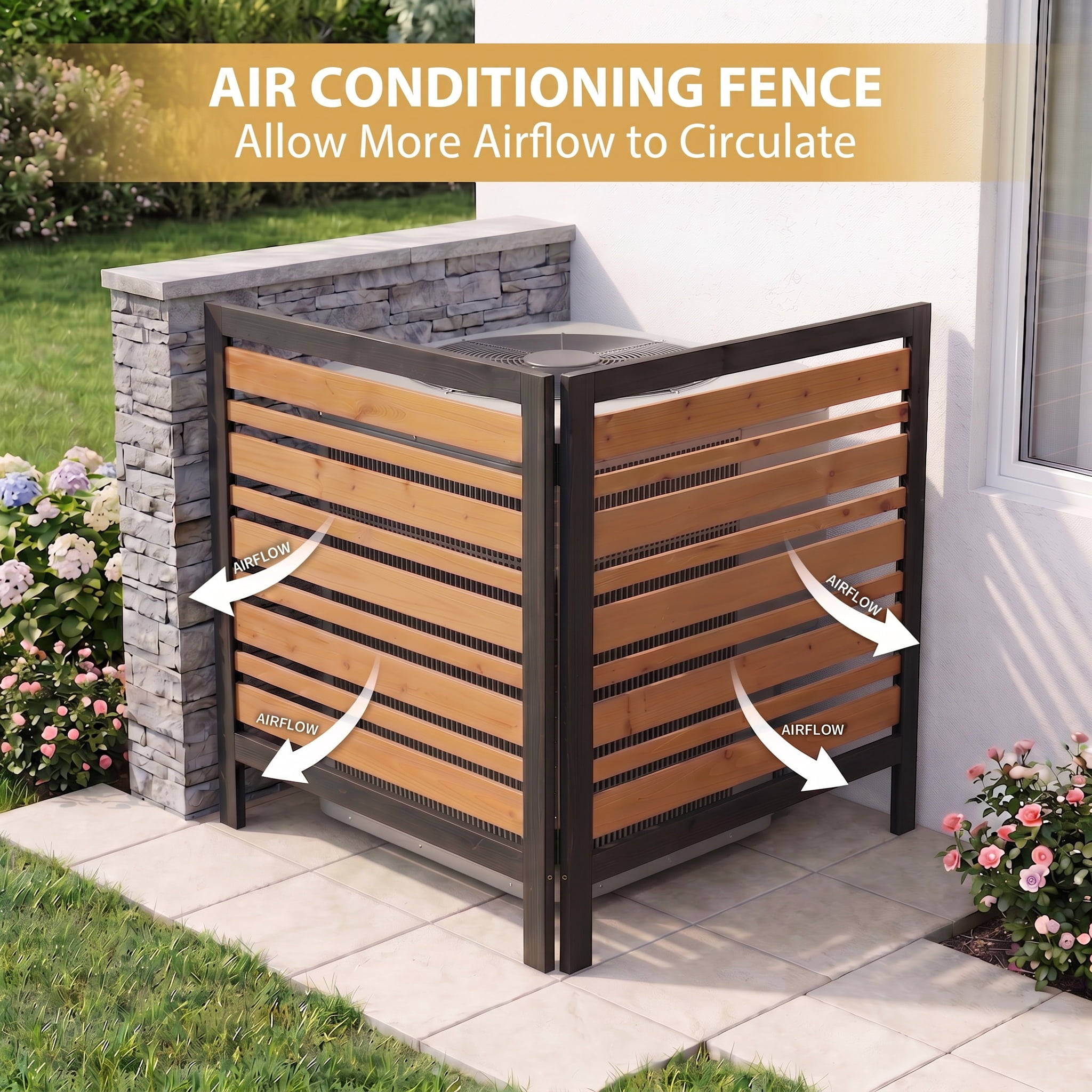 Outdoor Wood Privacy Fence 2-Panel 38W x 42H, Solid Wood Air Conditioner Screen with Slat Spacing for AC Unit Trash Can Pool Pump Enclosure, Black and Gold
