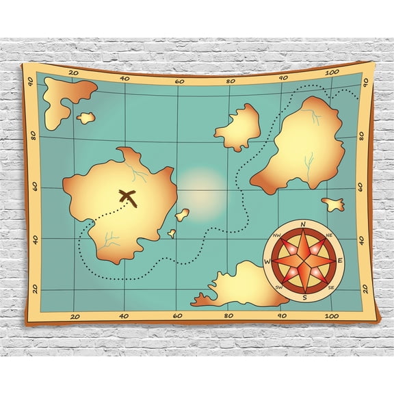 Island Map Decor Tapestry, Ancient Treasure Map Design with Compass Navigation Adventure Hidden Land, Wall Hanging for Bedroom Living Room Dorm Decor, 80W X 60L Inches, Cream Blue, by Ambesonne