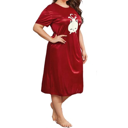 

Elegant Cartoon Round Neck Sleepshirts Burgundy Short Sleeve Plus Size Nightgowns & Sleepshirts
