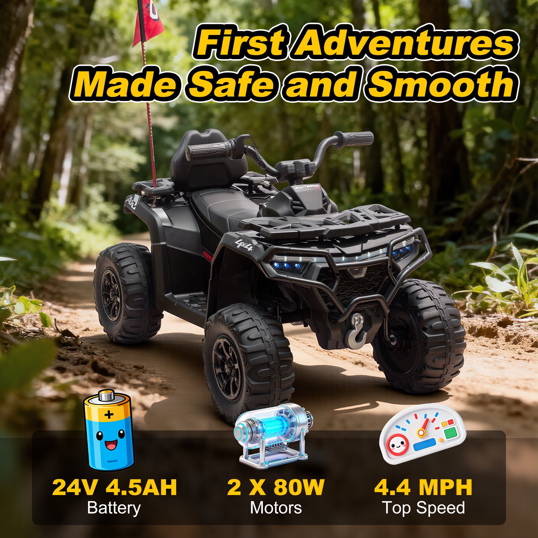 iRerts 24V Ride on ATV, Powered Ride on Toys Kids 4 Wheeler for Boys Girls Ages 3-6 Gifts, Kids Ride on Car Electric Vehicle with Bluetooth, Music, USB Port, Multi-Color Lights, Black