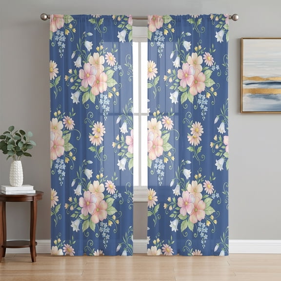 Pink Blue Flowers Sheer Curtains 63 Inch Length 2 Panels Set, Elegant Pastoral Farmhouse Botanical Voile Window Treatment Rod Pocket Curtains Sheers Drapes for Bedroom/Living Room/Kitchen 52x"63"x2
