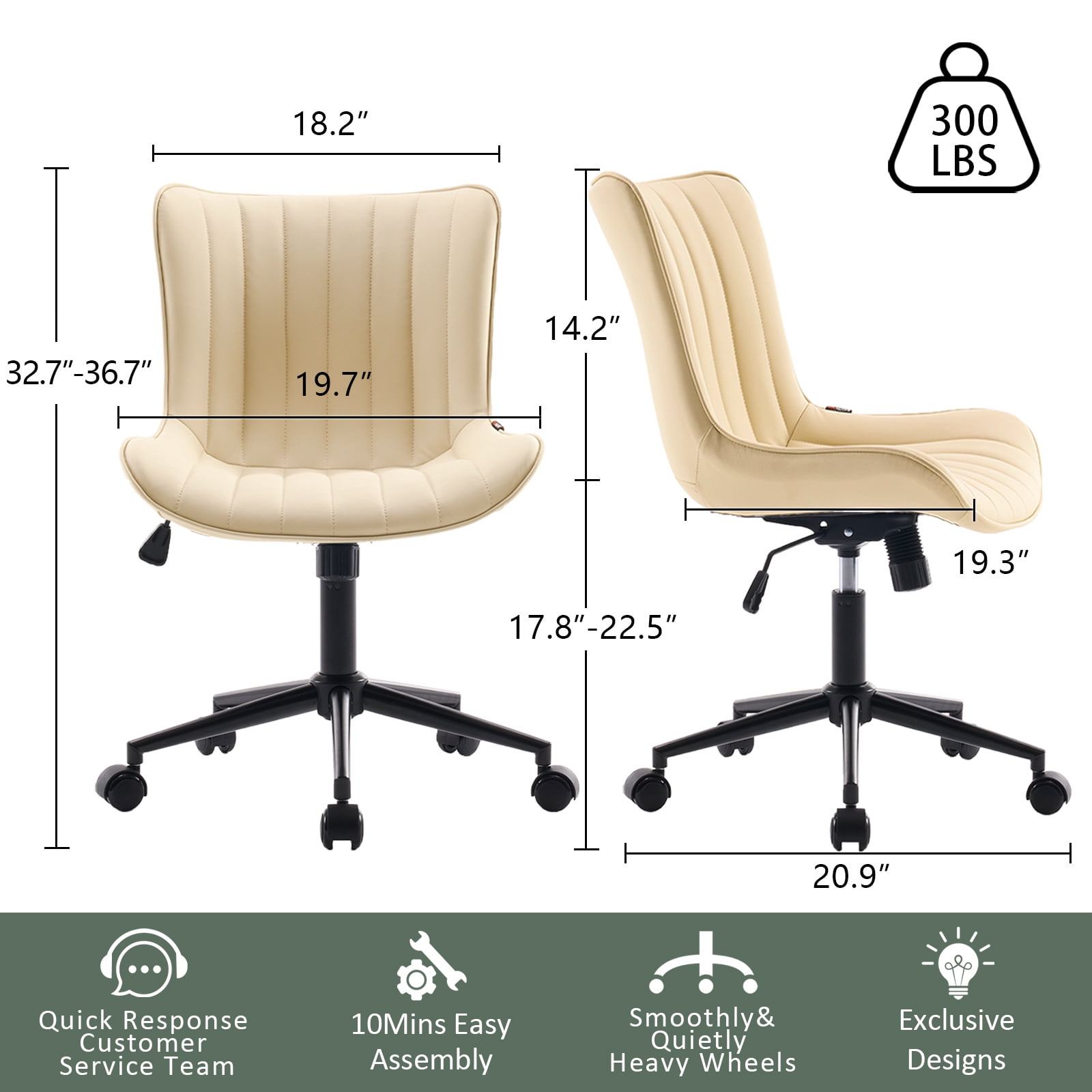 YOUNIKE Cute Armless Office Desk Chair Modern Upholstered Faux Leather Swivel Task Chair, Beige