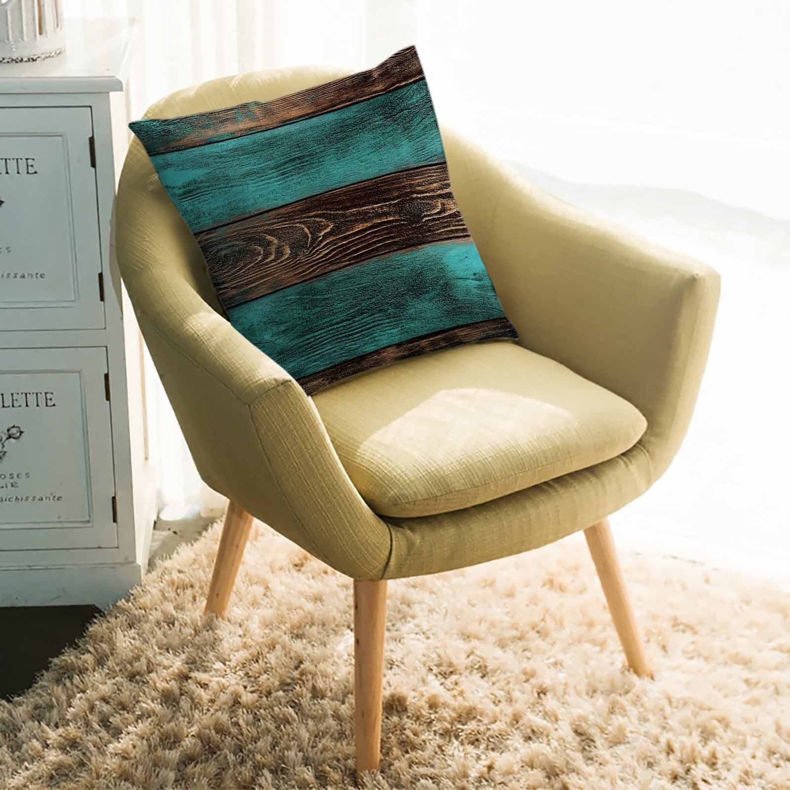 Throw Pillow Covers 26x26 Inch, Teal Brown Wood Decorative Pillow Cases for Couch Sofa Bed, Vintage Simple Chic Board Cotton Linen Square Home Decor Pillowcases with Hidden Zipper