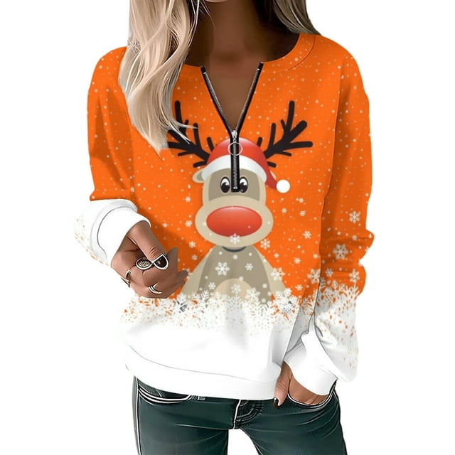 Avamo Hauts de Noël pour Femmes Sweat à Manches Longues Col en V Pull Mode Sport Orange S