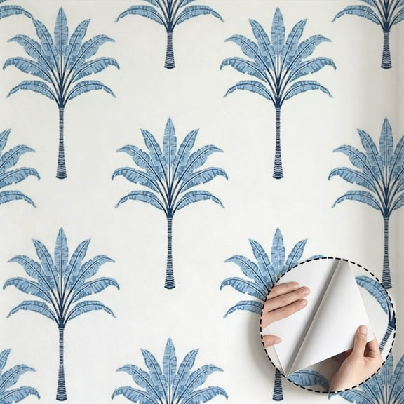 Blue Palm Tree Wallpaper, Modern Bohemian Peel and Stick Wallpaper, Waterproof Wall Decoration for Living Room, Bedroom, Bathroom, Kitchen Cabinet, Rental Property, 17.7 * 118 in