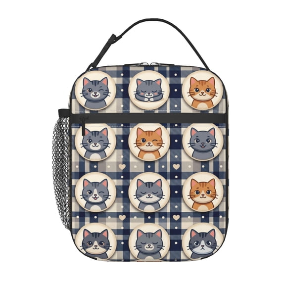 Cute Cat Lunch Bag Portable Handheld Reusable Insulated Cooler Tote Front Pocket Work Office Picnic Food Container Travel