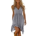 thumbnail image 2 of Smsaxvxz Summer Dresses for Women 2026 Fashion Button V Neck Spaghetti Strap Irregular Ruffle Hem Casual Solid Loose Beach Vacation Mini Sundress Gray XL, 2 of 7