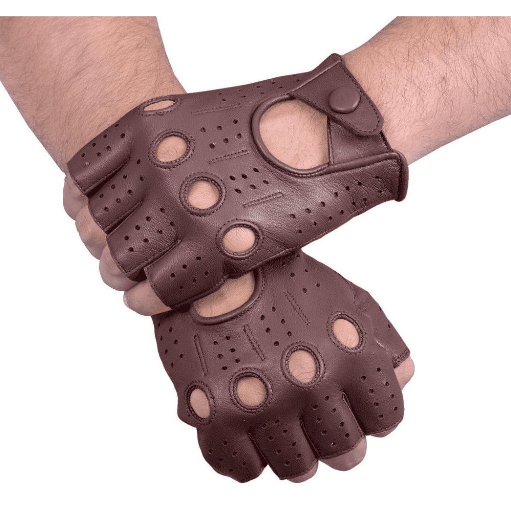 Driving Half Finger Finger less Knuckle Holes For Men Genuine Motorcycle Leather Gloves Brown