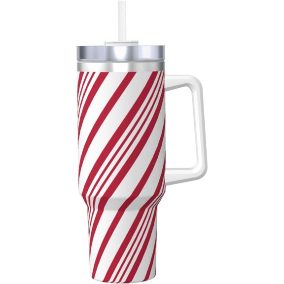 Christmas Candy Cane Stripe 40oz Tumbler With Handle And Straw, Insulated Cup Reusable Stainless Steel Water Bottle Travel Mug