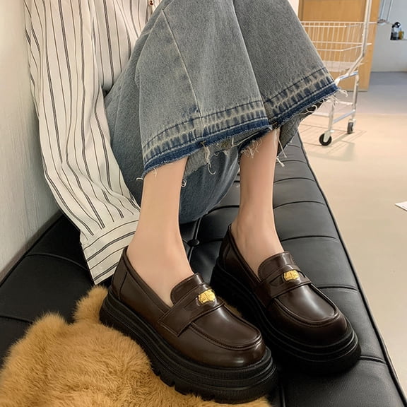 Weloille Round Head Small Leather Shoes Flat Heel Collision Ladies Single Shoes Water Proof